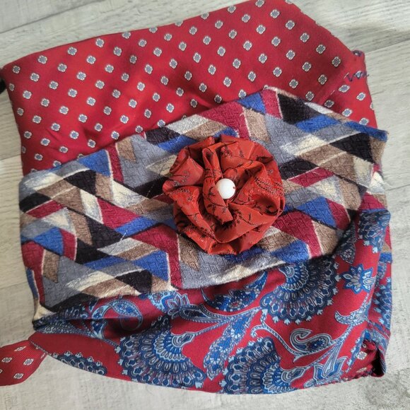 Upcycled Handmade Tie Crossbody Bag With Geometric Patterns & Floral Accent - Picture 2 of 11